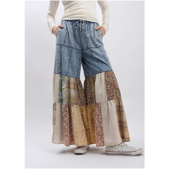 Bluevelvet Chambray Cotton Floral Plaid Print Wide leg Pants - Picture 1 of 7
